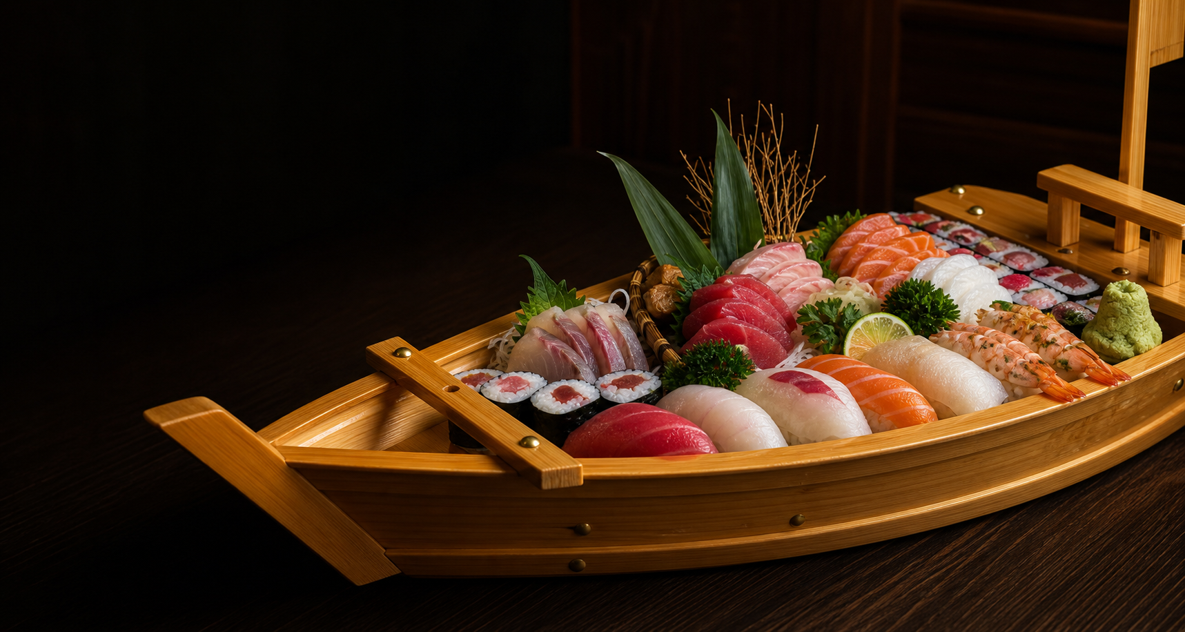 Sushi boat platter with nigiri, sashimi, and rolls